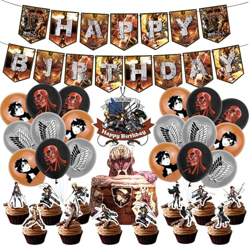 32 Pcs Attack Birthday Decorations, Cake Decorations Including Cake Toppers | Balloons Banner for Theme Birthday Party