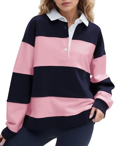 HOCANDY Rugby Shirt Women Long Sleeve Striped Oversized Henley Sweatshirt
