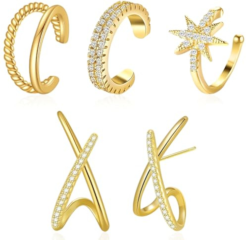 5 Coppi Orecchini In Argento 925 Per Donne，Orecchini Creoles Set Di Orecchini Con Ear Cuff Fake Piercing Helix Cartilagine Tragus Conch Piercings Orecchino Argento Oro
