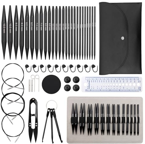 ZOCONE Stricknadeln Rundstricknadeln Set Austauschbar mit Tasche & Zubehör, 13 Paar Schwarz Aluminium Rundstricknadeln Auswechselbare 3,0-10 mm, Lang und Kurz Stricknadel Seile