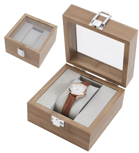 AHANDMAKER Einzelne Uhr Display Kasten, Holz Uhr Box Organisator Mit Klar Glas Fenster Und Samt Kissen Schmuck Lagerung Halter Für Herren Und Frauen, Kamel