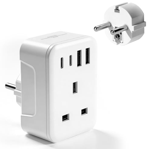 UK to EU Travel Adapter with 4 USB Ports (2 USB-C) -european plug adapter Uk to European Plug Adapter Grounded Type E/F Power Plug Converter for Germany Spain France Iceland Greece Poland Netherlands