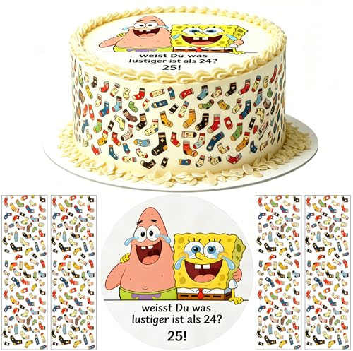 JJFtop Essbare Tortendeko Set 25. Geburtstag - Lustige Scherzgeschenk für alte Socken, Tortenaufleger Personalisiert & Tortenband, Cartoon Stil Fondantpapier Deko für Männer & Frauen