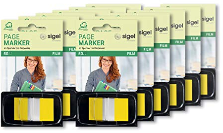 SIGEL HN490/12 Haftmarker im Spender, gelb, 12 Stück á 50 Streifen im Format 25 x 43 mm