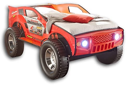 Stella Trading JEEP Autobett mit LED-Beleuchtung 90 x 200 cm - Aufregendes & hohes SUV Auto Kinderbett für kleine Rennfahrer in rot - 120 x 81 x 211 cm (B/H/T)