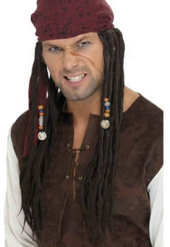 Piratenperücke Perücke Pirat Kopftuch mit Dreads rot schwarz Schmuck Seeräuber Buccaneer