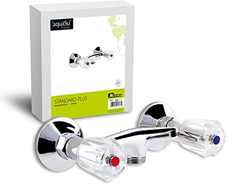 'aquaSu® Zweigriffmischer Standard Plus für Brause | Brauseabgang unten mit Standard-Maß 1/2 Zoll | Brausearmatur mit Befestigungsmaterial | Armatur Dusche | Chrom-Oberfläche | 06286 2