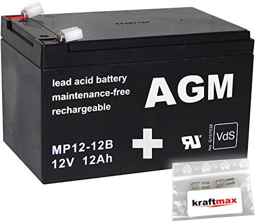 kraftmax 1x AGM 12V / 12Ah Blei-Akku - MP12-12B [ Faston 6,3 ] VDs geprüft - inkl. 2X Original Anschluß-Adapter