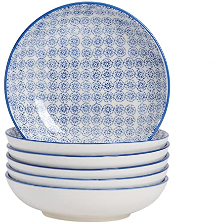 Nicola Spring Patterned Pasta Bowls - Navy - Pack of 6 - Porcelain Flower Print Design Rice Serving Bowls for Cereal, Fruit, Dessert, Salad, Noodles, Snacks
