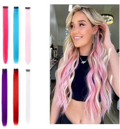 Clip-In Hair Extension Highlights Streaks, Colourful Hair Highlights (assorted colours 6 Pcs)