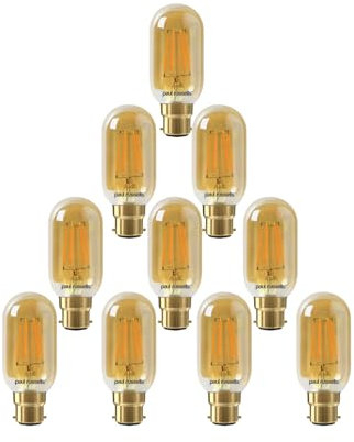 paul russells LED Filament T45 Light Bayonet Cap B22D, 35w Equivalent Replacement Antique Bulb, BC 4W 380LM LED 2200K Amber Bulbs, Decorative Ceiling Fittings Energy Saving Lightbulbs, Pack of 10
