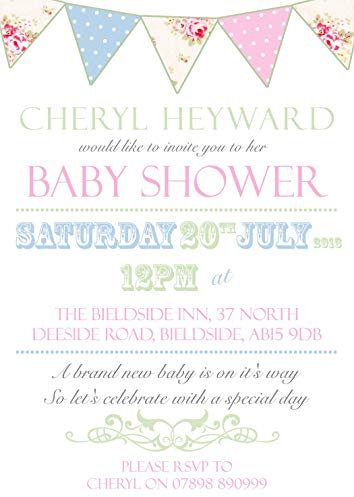 Personalised Baby Shower Invitations Printed Invites Boy Girl Twins Unisex Pregnancy Party Gender Announcement 5 10 20 30 40 50 60 70 80 90 100 Carnival Poster Bunting Vintage Pink Blue Green Yellow