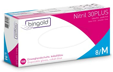 BINGOLD Gants jetables Nitrile 30PLUS, gants nitrile, bleu cobalt, taille M, boîte de 100 gants