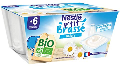 Nestlé P'tit Brassé Nature Sucré Laitage Dès 6 mois, Bio, 4 x 90g