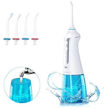 TUREWELL FC1591 Hydropulseur Jet Dentaire Portable, Irrigateur Oral Professionnel 300ML Electrique & Rechargeable IPX7 Etanche, 3 Mode, 5 Buses à Jet pour Toute La Famille