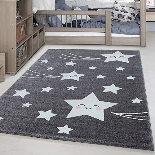 SIMPEX Teppich Rund Kinderzimmer süßes Stern-Design Kurzflor Kinderteppich mädchen Spielteppich Modern Design Babyzimmer Teppiche für Junge und Mädchen Extra Weich und Antiallergen 120 cm Rund