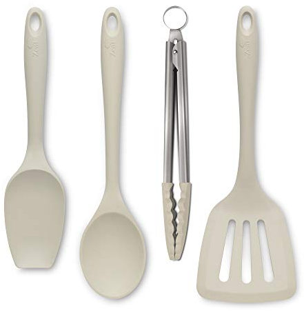 Zeal JSET40C Non-Stick Silicone Tongs, Turner, Spatula Cooks Spoon 4-Piece Set-Cream