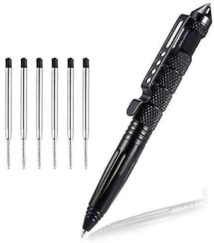 EMAGEREN Boligrafo Tactico Multifuncional Bolígrafo Autodefensa Boli Defensa Personal Bolígrafo Táctico Militar con 6 Piezas Recambios de Pluma para Escribir herramienta Emergente y Regalo - Negro