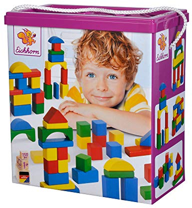 Eichhorn 100010181 150 Bunte Holzbausteine in der Aufbewahrungsbox mit Kordel und Sortierdeckel, Motorikspielzeug für Kinder ab 1 Jahr geeignet [Exklusiv bei Amazon]