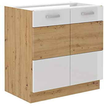 Spülenschrank 80 cm Eiche Artisan + Weiß Hochglanz Küchenzeile Küchenblock Küche