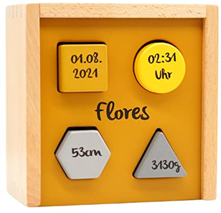 Formen-Steckspiel gelb | Personalisierbares Geschenk zur Geburt I Handmade Holzspielzeug ab 1 Jahr I Personalisierte Geschenke Baby I Label-Label | Steckbox mit Name & Geburtsdaten