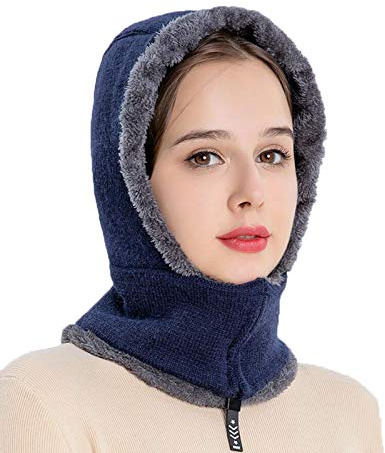 Women Winter Warm Knit Baseball Cap Face Bandana Neck Gaiter with Fluffy Pompom