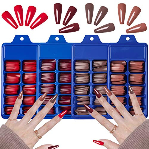 SIUSIO 400 Stück Bunte Sargnägel Full Cover Press on Reine Farbe Ballett Acryl Gefälschte Nägel Extra Lange Ballerina Falsche Gelnägel Kunstspitzen für Frauen und Mädchen (Rotbraun)