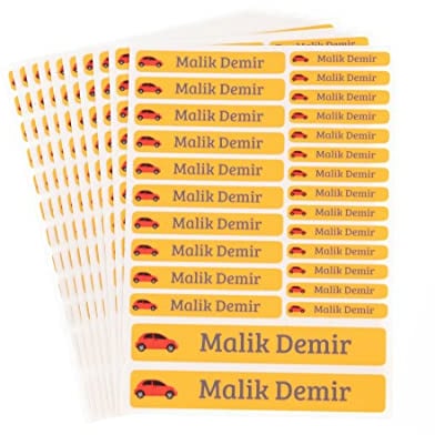260 Stück personalisierte Namensaufkleber Set-Bögen Mini/Mittel/Groß - Spülmaschine geeignet/Wasserfest/Kratzfest für Innen und Außen (Gelb, Set 260 Stück, Malik Demir-Auto)