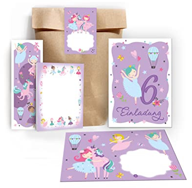 Junapack 12 Einladungskarten zum 6. Kindergeburtstag sechste Geburtstag Mädchen Ballerina incl. 12 Umschläge, 12 Tüten/Natur, 12 Aufkleber, 12 Lesezeichen, 12 Blöcke