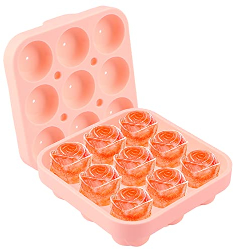AKONE moule à glace en silicone, 9 cavités pour glaçons, roses, réutilisables, emporte-pièces avec couvercle, sans BPA, forme ronde, pour glaçons, alcool, cocktails, whisky (rose)