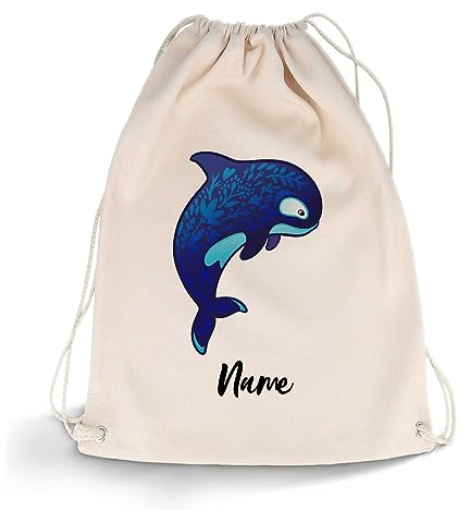 GRAVURZEILE Bedruckter Turnbeutel - Cartoon Wal & Wunschname - Sportbeutel Rucksack Daypack Gymbag mit Kordelzug - für Schule & Freizeit Sport - für Kinder Jungen & Mädchen - 12 Liter 33x45 cm