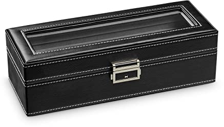 Hermann Jäckle - Uhrenbox Dobel I Uhren-Box für 5 Uhren I Uhrenbox Lederimitat I Uhrenkasten Lederimitat schwarz I Uhrenaufbewahrung I Uhrenbox für Armbanduhren I Uhrenetui mit Klappdeckel