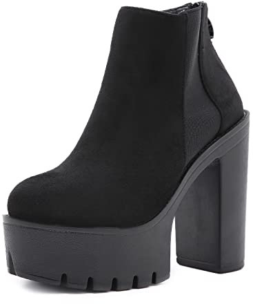 Stivaletti alla Caviglia Donna Scamosciata con Chiusura Lampo Plateau E Tacco Alto Stivali Corti,Nero,39 EU