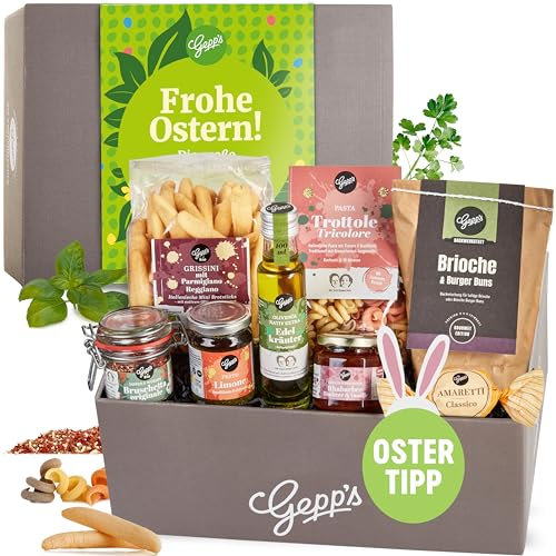 Gepp’s Feinkost Ostergeschenk „Frohe Ostern“ I Delikatessen in großer Geschenkbox I Pasta, Pesto, Grissini, Olivenöl & Brioche-Backmischung, Amaretti & Konfitüre I Osternest für Genießer