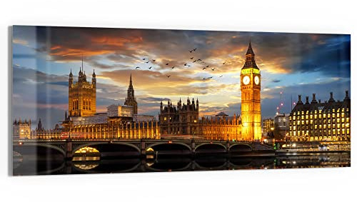 DEQORI Glasbild Echtglas | Motiv Londoner Abendkulisse | horizontal einteilig 150x60 cm | schöne Dekoration | Wandbild für Wohnzimmer, Schlafzimmer, Flur & Küche | moderne Wanddeko