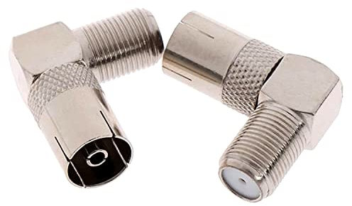 2 Pack TV Aerial Female to Female Coax Plug to F Socket 90 Degree Right Angle Angled Adaptor Screw Connector For Analogue and Digital Full HD TV BT SKY Freeview