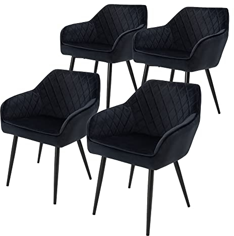 ML-Design 4er Set Esszimmerstühle mit Armlehne und Rückenlehne, Schwarz, Küchenstuhl mit Samtbezug, Polsterstuhl mit Metallbeinen, Ergonomischer Stuhl für Esstisch, Esszimmerstuhl Wohnzimmerstuhl