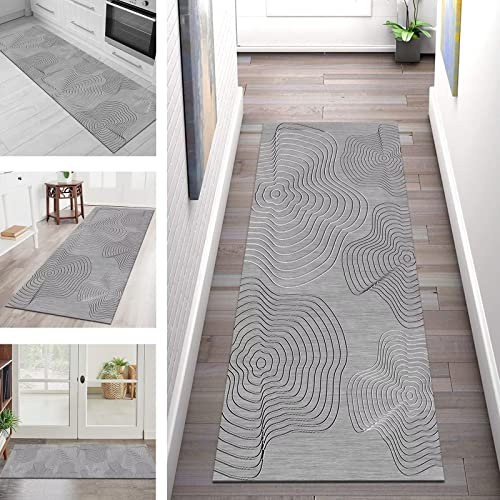 Teppich Läufer Flur Küche rutschfest waschbar Teppichläufer Lang 90X400CM Grau Schwarz 3D Küchenläufer Meterware Korridor Tepiche Esszimmer Schlafzimmer Wohnzimmer Schmutzfangmatte Breit 40-120cm