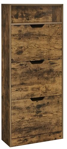 VASAGLE Meuble à Chaussures 3 Portes Battantes, Étagère à Chaussures, Compartiment Ouvert, Séparateur Réglable, 14 à 18 Paires, pour Petite Entrée, 24 x 60 x 139 cm, Marron Rustique LBC046B01