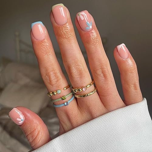 24PCS Short False Nails with Glue Stickers,Coffin Full Cover Acrylic and Press on Nails no Glue,Cute Flower French Fake Nails Stick for Women and Girls Nail Art