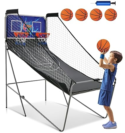 COSTWAY 8 in 1 Basketballautomat, elektrischer Baskeltballständer klappbar, Schießmaschine mit 4 Bällen, Luftpumpe & 8 Spielmodi, Arcade Basketballspiele Kinder für 2 Spieler (Blau)
