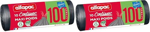 ALFAPAC - 10 sacs 100L à liens coulissants - Sacs-Poubelle Maxi-Poids - Éco-responsables : mélange de matière recyclée et d'origine végétale - Fabriqué en France (Lot de 2)