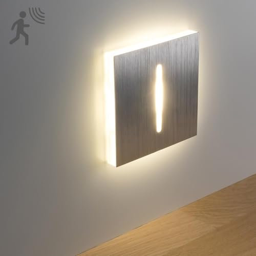 LongLife LED Treppenleuchten mit Bewegungsmelder eckig alu-gebürstet 1,5W - Lichtfarbe: Warmweiß - Lichtaustritt: Fokus Einbauleuchte für Treppen, Flur