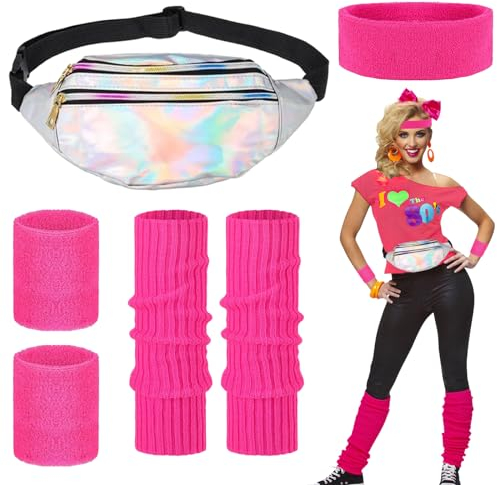 SOETDERT 80er Jahre Outfit Damen Set, 90er Jahre Accessoires Kleidung, Aerobic Outfit Kostüm mit Bauchtasche, Stirnband, Beinwärmer, Retro Neonrosa Fasching Party Karneval Kostüm Zubehör (C)
