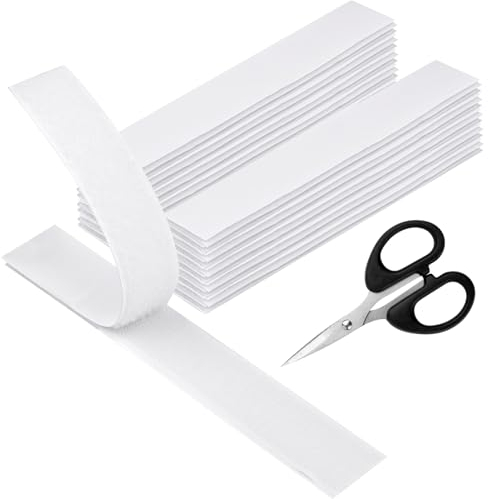 Klettband Selbstklebend Extra Stark, 20 Stück Weiß Doppelseitiges Klettverschluss Selbstklebend (200x30mm), Rechteck Klett Klebeband mit Eine Schere für Stoff, Wände, Boden, Plastik, Spiegel