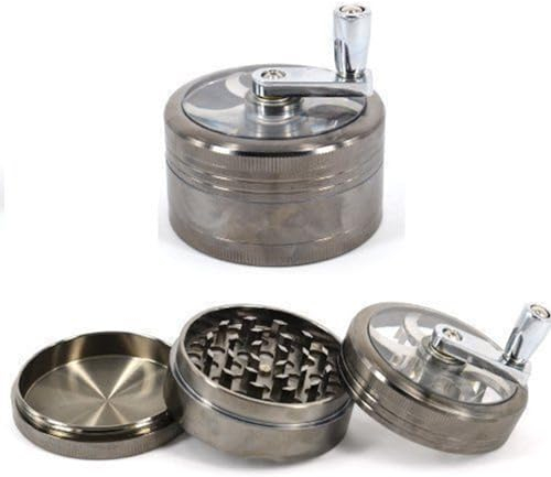 Glamified 2.5 4 Pieces Hand Cranked Clear Top Herb Grinder - Aluminium Spice Grinder with Pollen Scraper and Cleaning Brush, Foldable Handle (Grey (3 Layers))