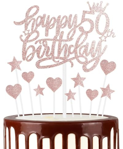 Happy 50th Birthday Cake Toppers, Rose Gold Cake Cupcake Toppers for Cake, Glitter Heart Stars Cake Toppers, Birthday Gift, Personalised Cake Toppers for Women Girls 50th