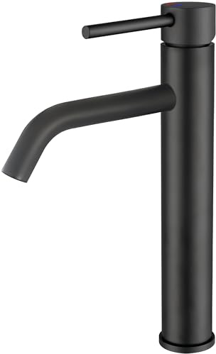 VALAZ Robinet Lavabo Haut Vasque Noir Mat Rond Série Ason | Robinet de lavabo haut pour vasque, mitigeur monocommande, ouverture à froid, laiton et acier inoxydable, économie d'eau