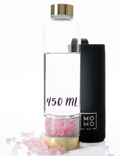MOMO WAY Botella De Agua De Cristal Con Cuarzo Rosa 450 ml Botella De Regalo Perfecta Piedras De Cuarzo Natural 2 colores Dorado
