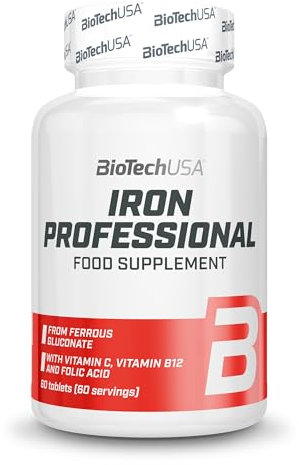 BioTechUSA Iron Professional | Gluconato de hierro orgánico con vitamina C | B12 y folato | Suplemento vegano | Para hombres, mujeres, atletas, 50+ | Absorción mejorada | 60 comprimidos